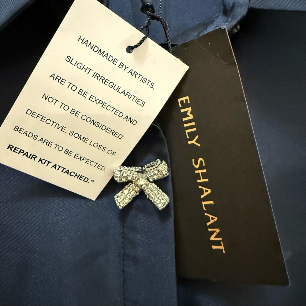 Emily Shalant Navy Taffeta Shirt Dress Crystal Bow Buttons Belted Midi Sz 0 - Picture 8 of 13